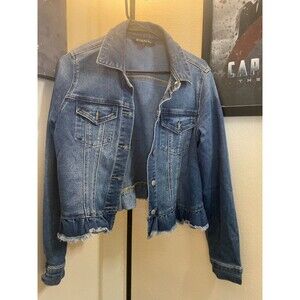 Baccini Cropped Denim Jacket Distressed Raw Hem Button Front Women's Small Chic